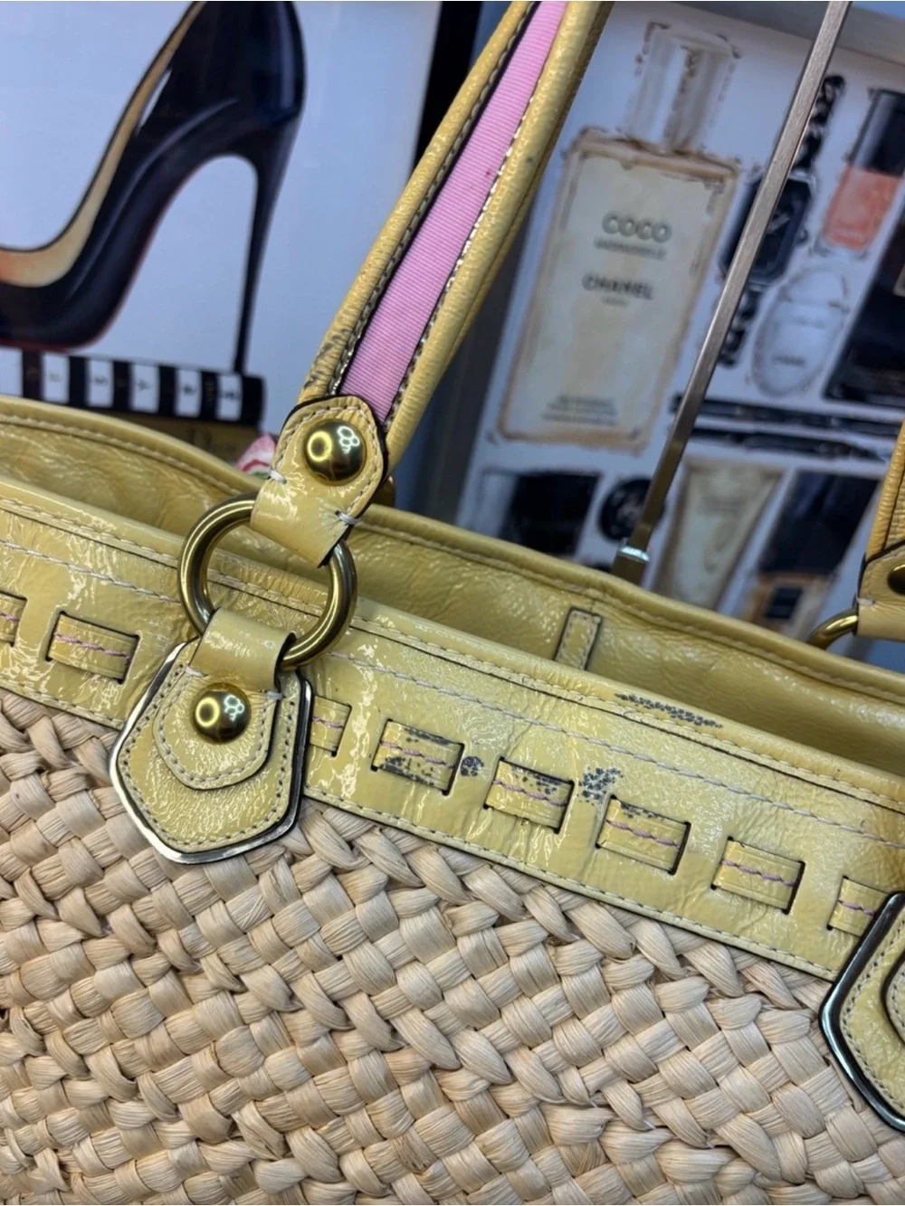 Coach Legacy Yellow Leather  Straw Tote with Pink Floral Applique and Scarf